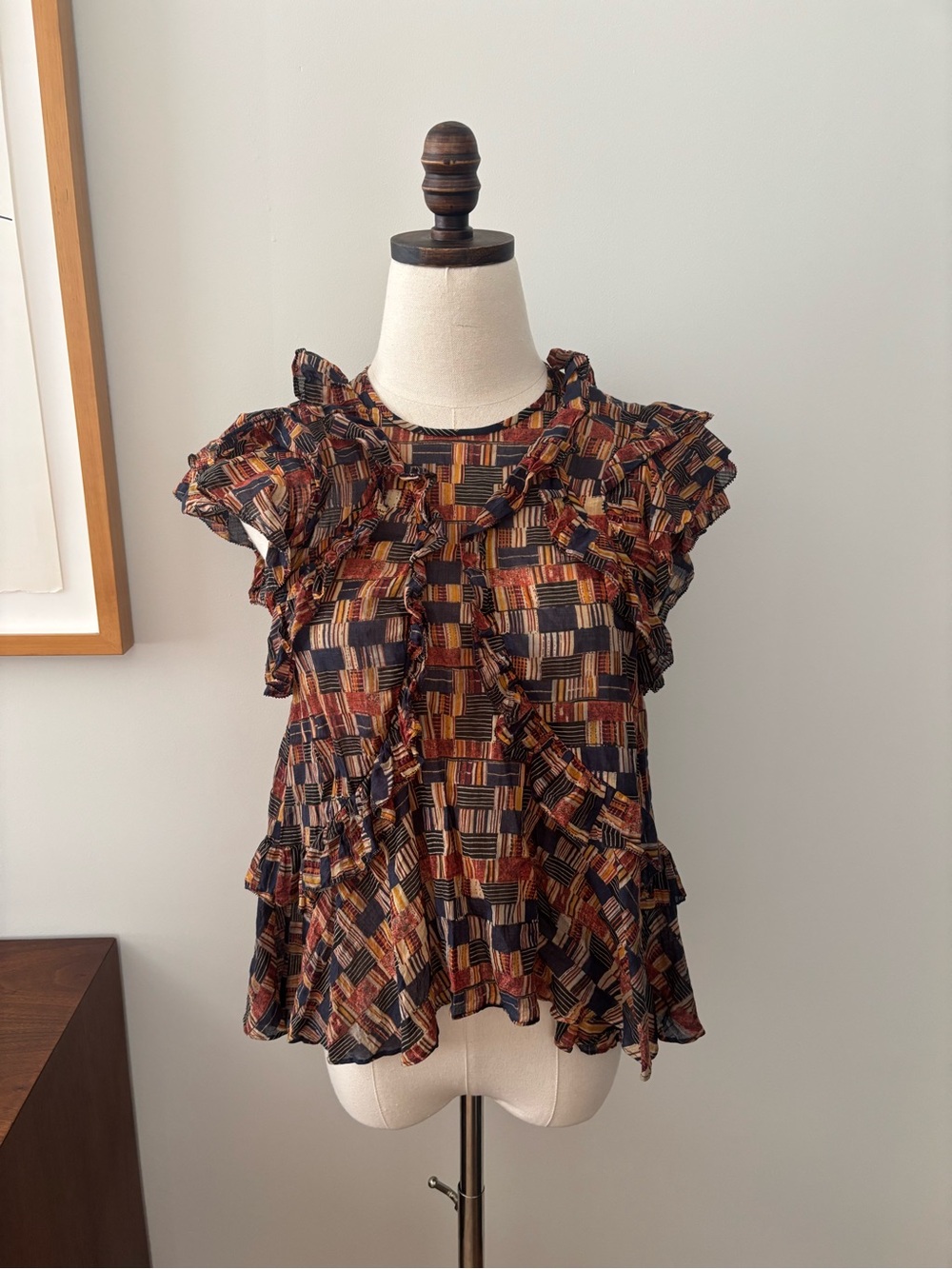 Isabel Marant Navy & Rust Ruffled Geometric Print Blouse